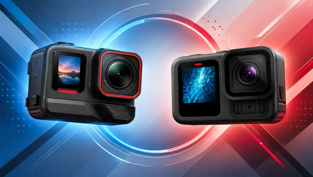 Insta360 Ace Pro 2 e GoPro Hero 13 Black a confronto su sfondo astratto blu e rosso.