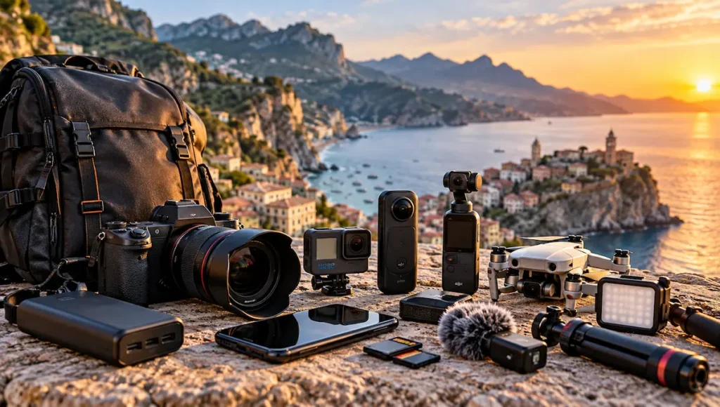 Attrezzatura per content creator di viaggi con fotocamera, action cam, drone e accessori fotografici.