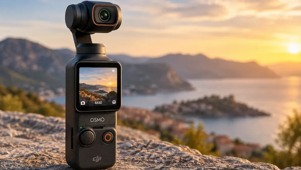 DJI Osmo Pocket 3, videocamera compatta con gimbal integrato, fotografata su una terrazza panoramica al tramonto.