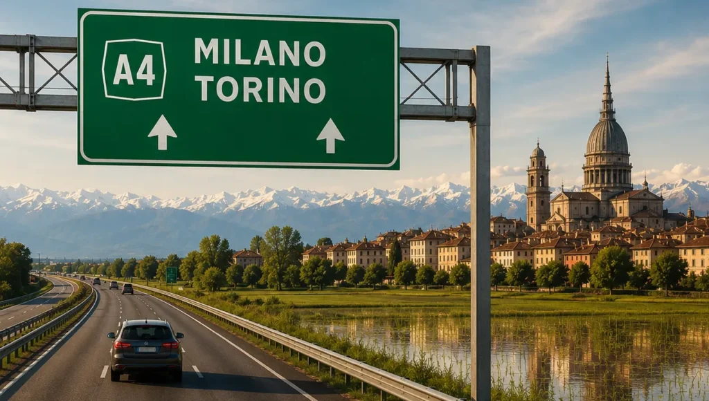 Auto sull'autostrada A4 tra Milano e Torino con cartello stradale e panorama della Pianura Padana sullo sfondo.