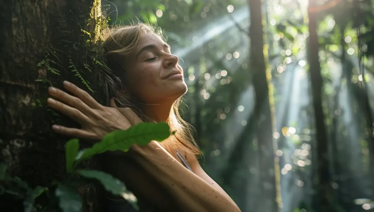 Donna che sfiora il muschio su un tronco in una foresta silenziosa