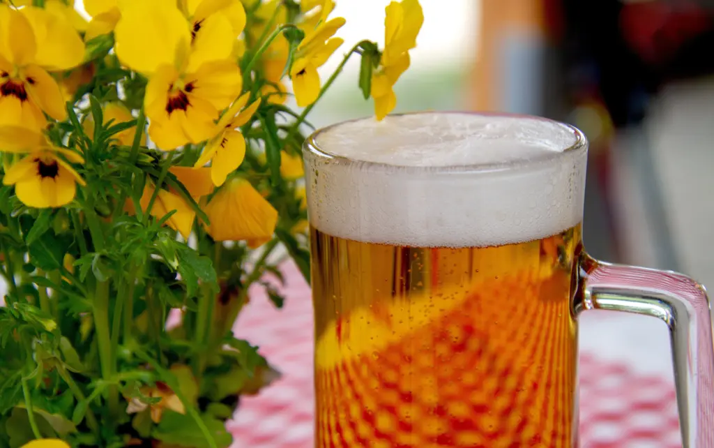 Boccale di birra ghiacciata con abbondante schiuma, accanto a violette gialle in fiore su un tavolo da terrazza