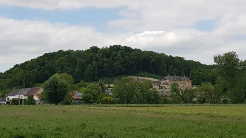 Il castello di Neercanne addossato a una collina boscosa, con un prato in primo piano, presso il confine tra Belgio e Paesi Bassi vicino a Kanne