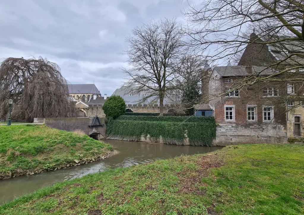 Il fiume Jeker che attraversa il quartiere Nieuwstad a Maastricht, con edifici storici in mattoni e pietra sullo sfondo