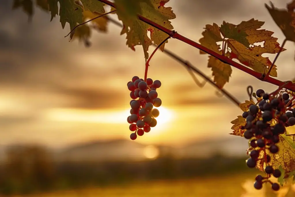 Grappoli d'uva controluce al tramonto tra le foglie autunnali di un vigneto, con il sole basso sullo sfondo