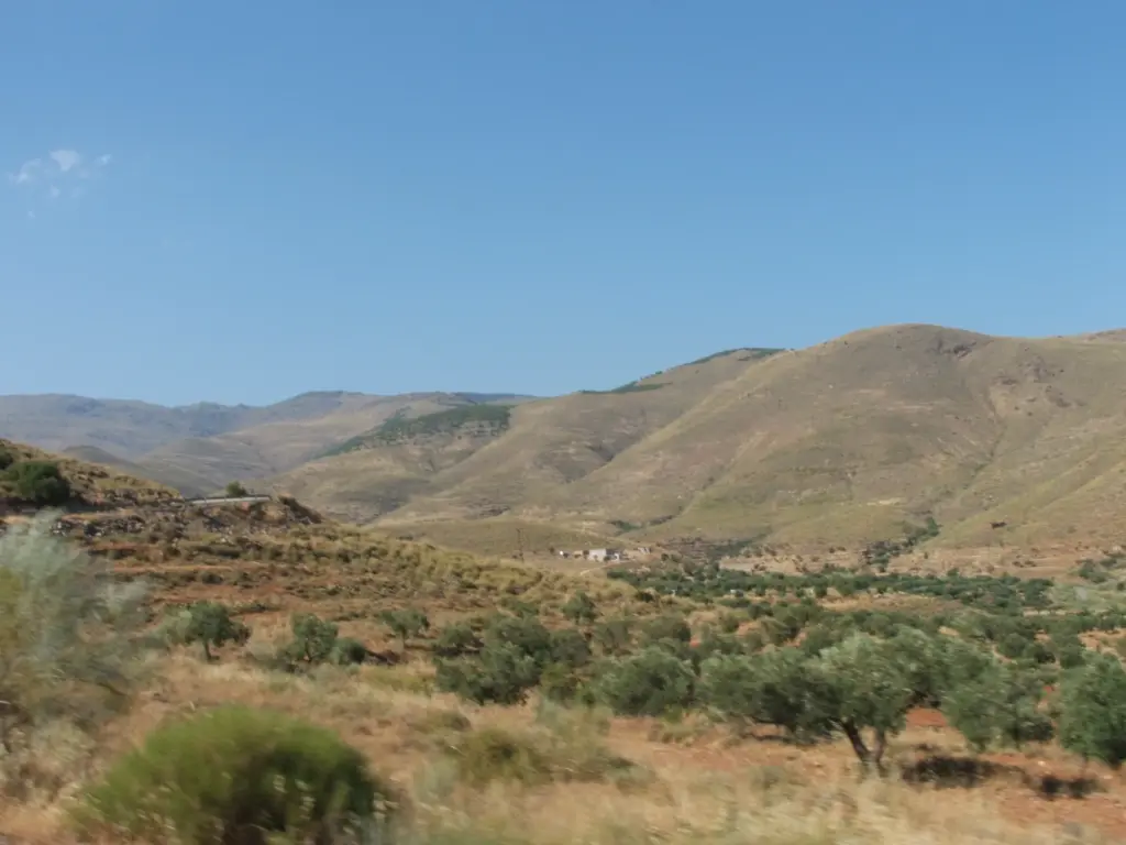 Valle con uliveti terrazzati e una casa isolata nella Sierra de los Filabres, circondata da pendii brulli e ondulati