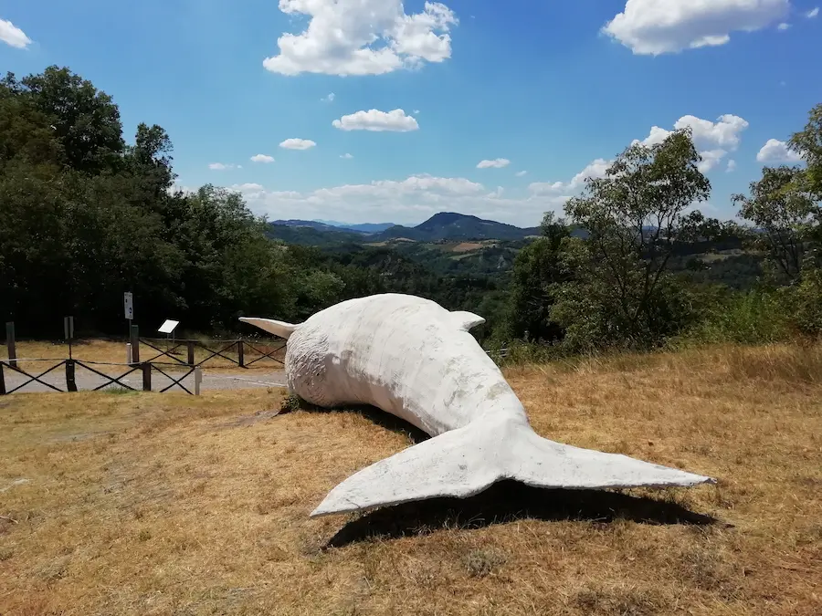 Il monumento alla balena della Val di Zena a Gorgognano, con le colline boscose dell'Appennino bolognese sullo sfondo