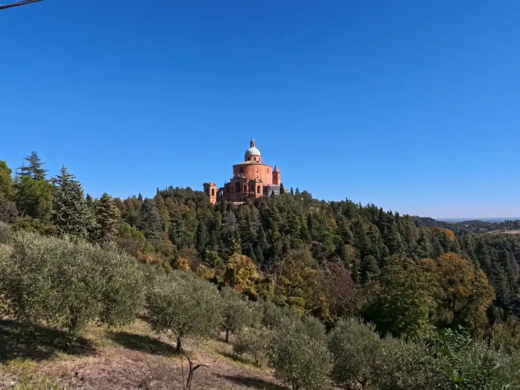 Santuario di San Luca sul colle della Guardia visto tra gli ulivi